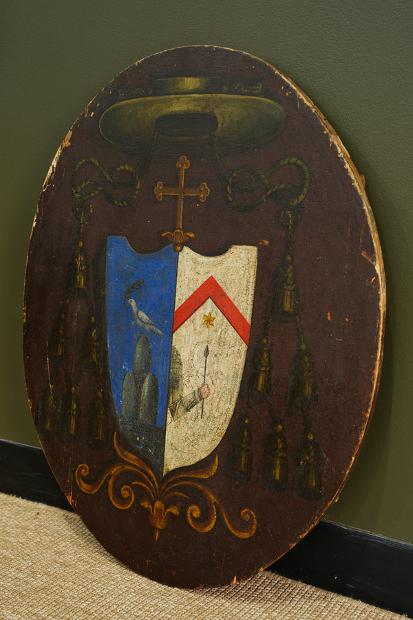 Antique Continental Coat of Arms Painting on Wood, Oval Unframed secondary view