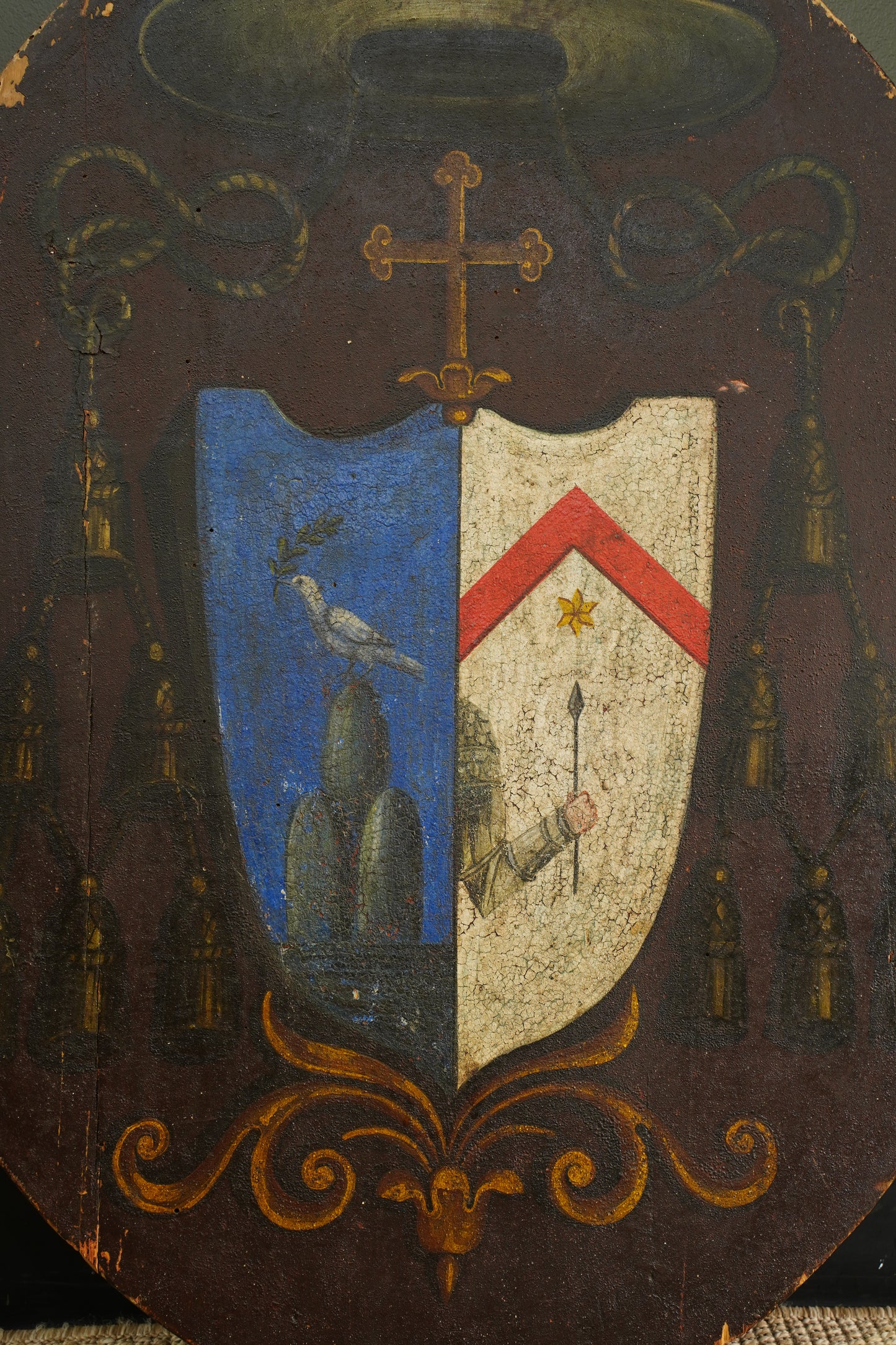 Antique Continental Coat of Arms Painting on Wood, Oval Unframed
