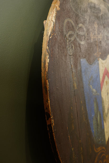 Antique Continental Coat of Arms Painting on Wood, Oval Unframed