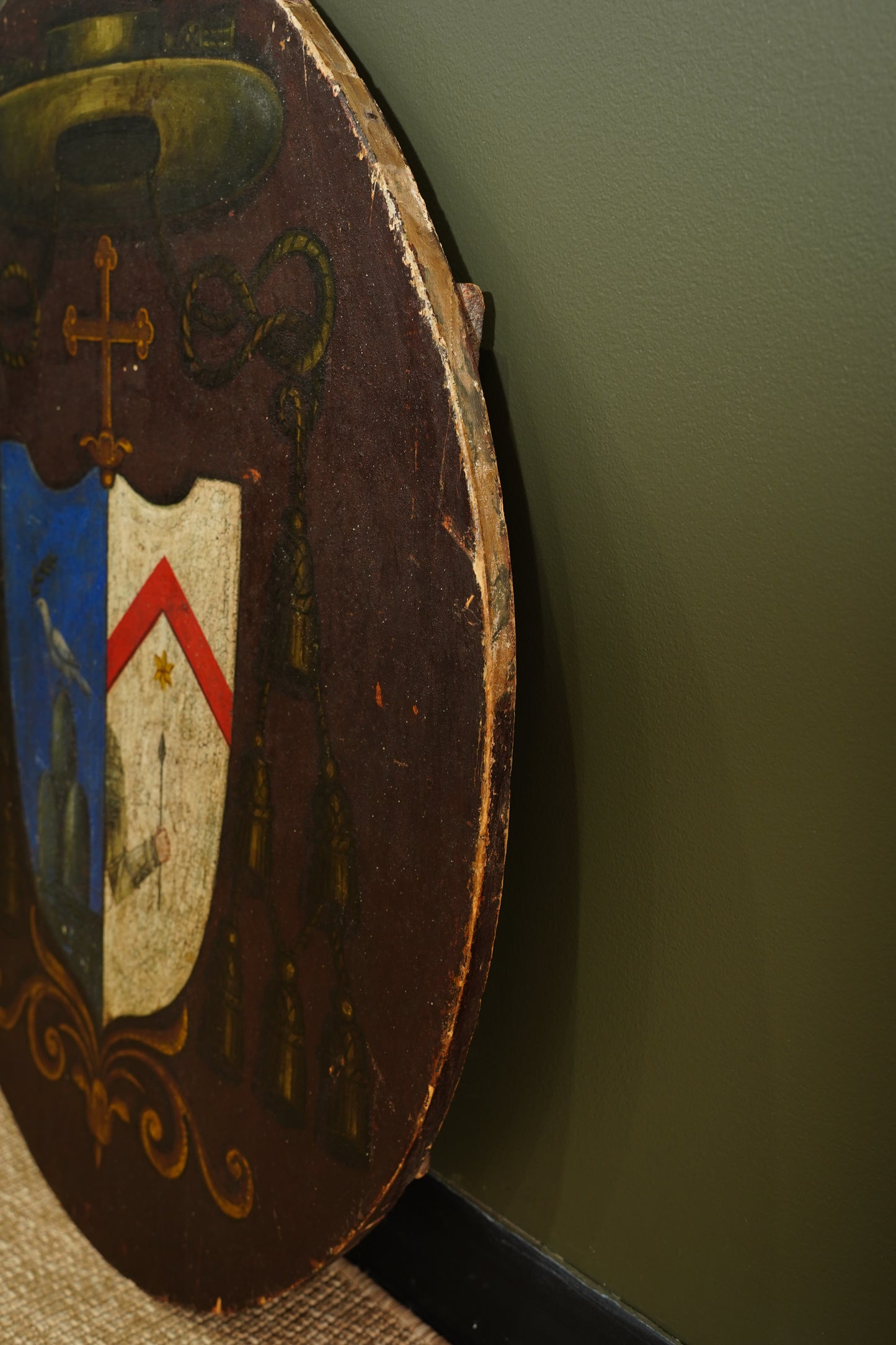 Antique Continental Coat of Arms Painting on Wood, Oval Unframed