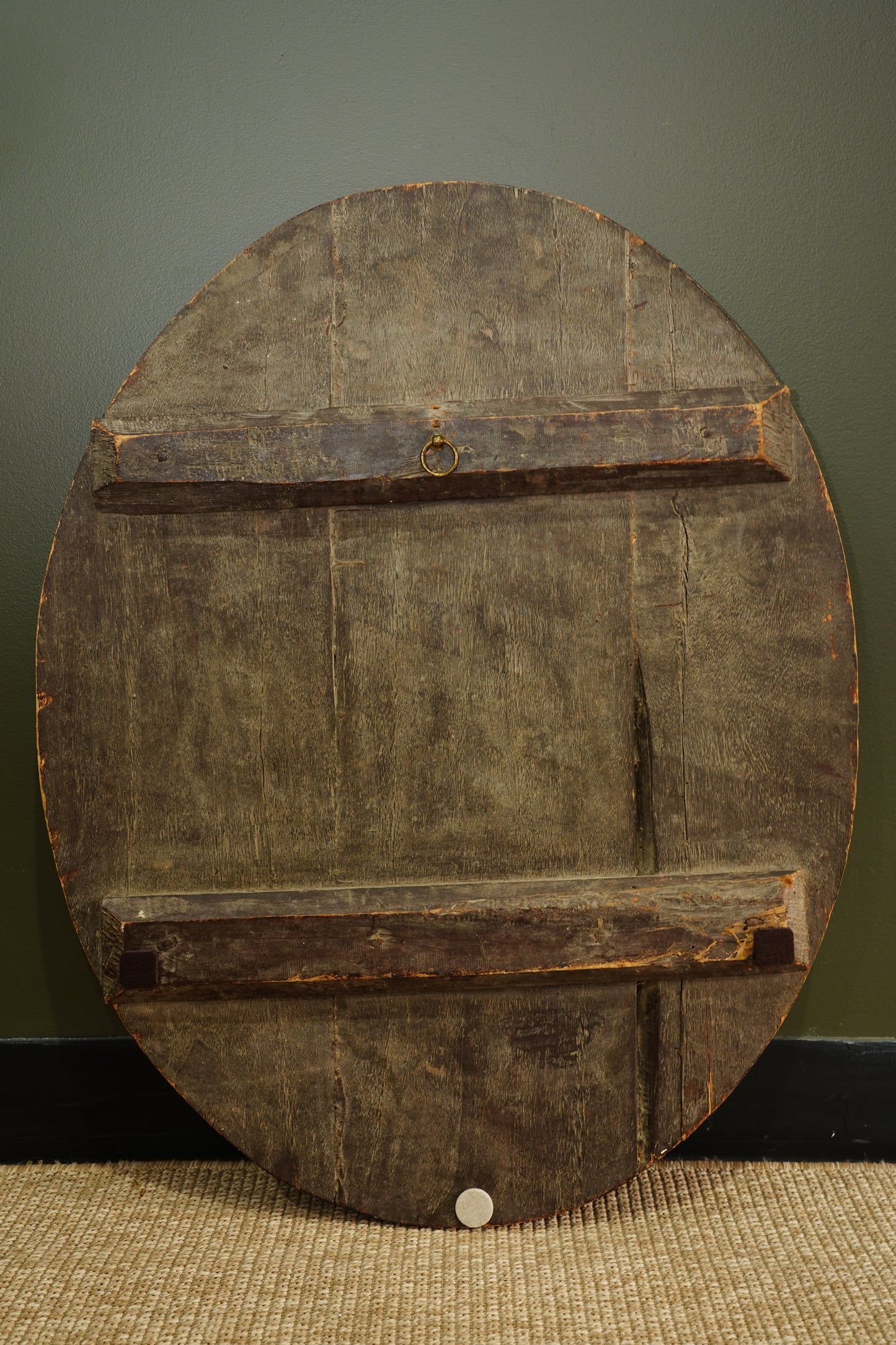 Antique Continental Coat of Arms Painting on Wood, Oval Unframed