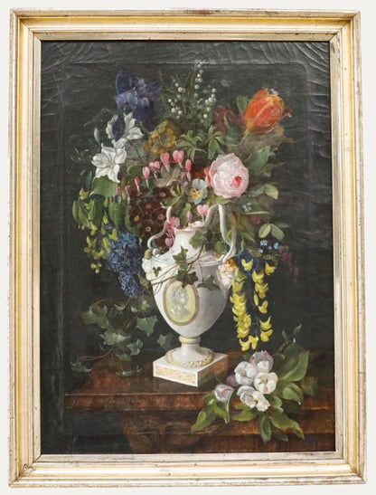 Antique Floral Still Life Oil Painting of Flowers in a Porcelain Urn