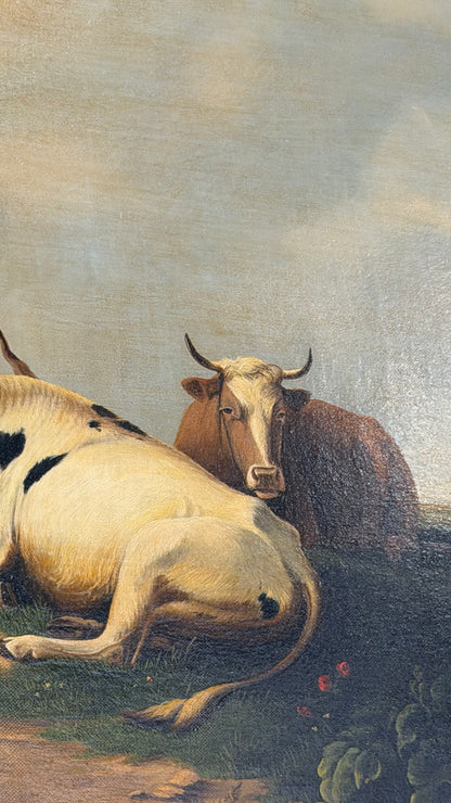 Antique Signed Dutch Oil Painting of Cows and Sheep in Meadow