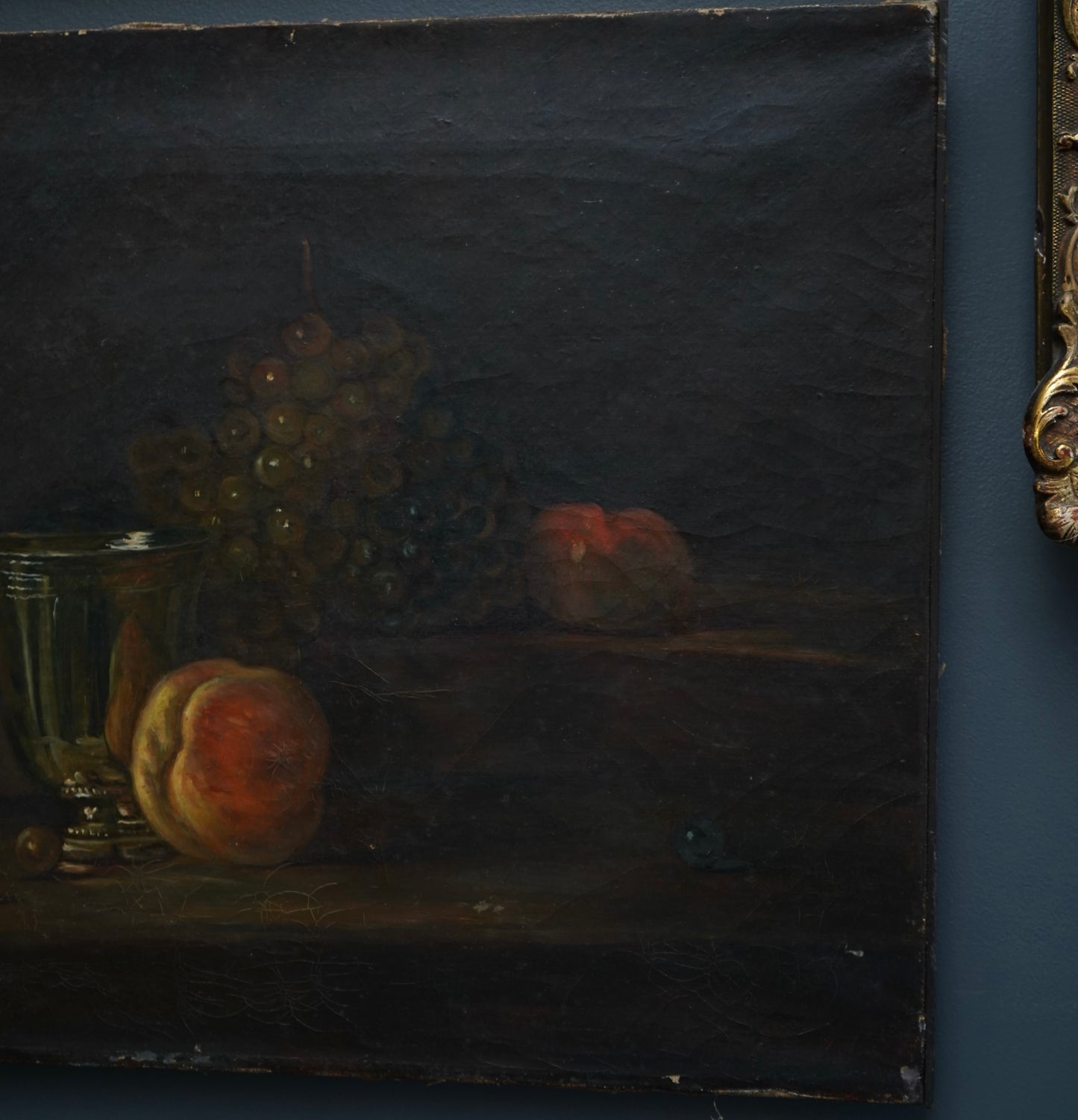Early 20th Century Oil Painting After Chardin – Still Life with Silver Goblet, Peach & Grapes