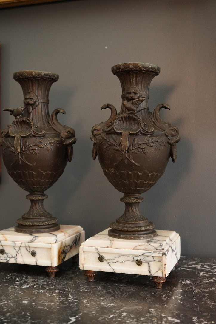 Pair of 19th Century French Napoleon III Style Spelter & Marble Urns