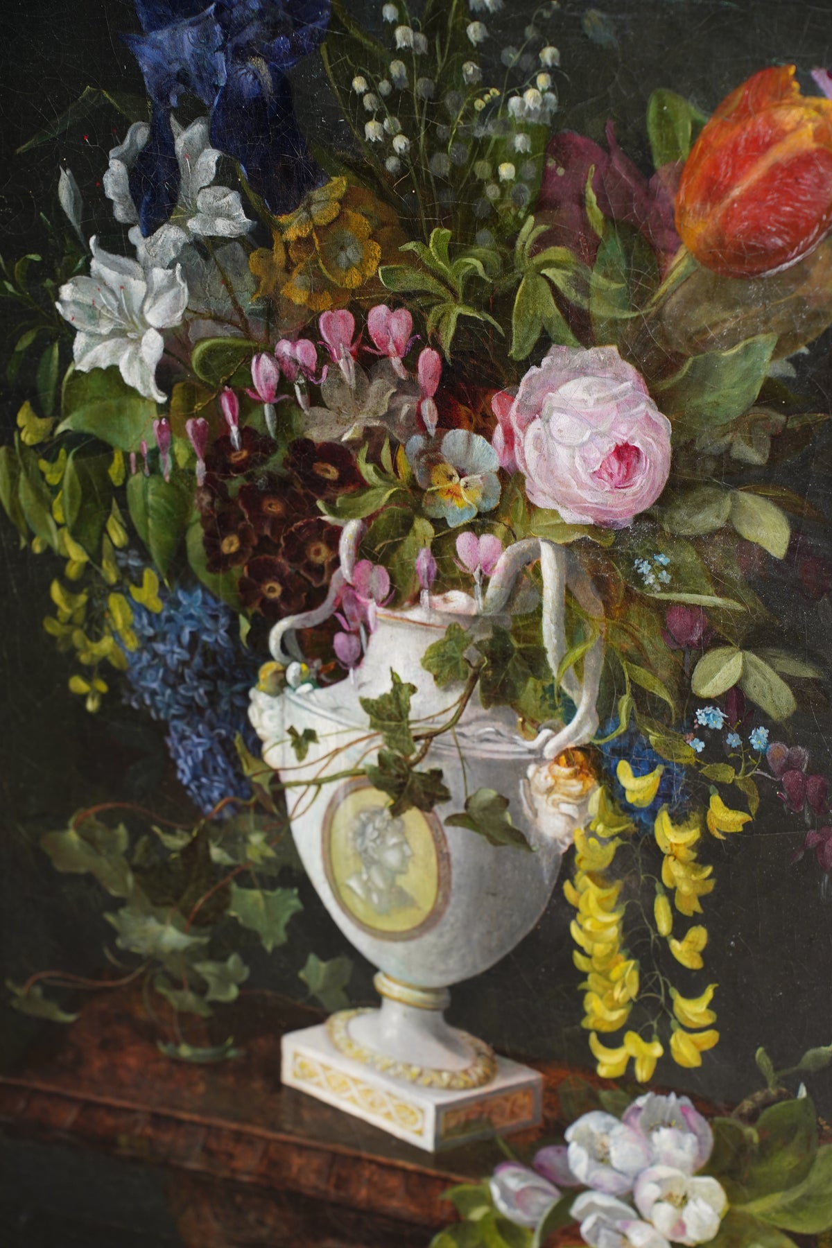 Antique Floral Still Life Oil Painting of Flowers in a Porcelain Urn
