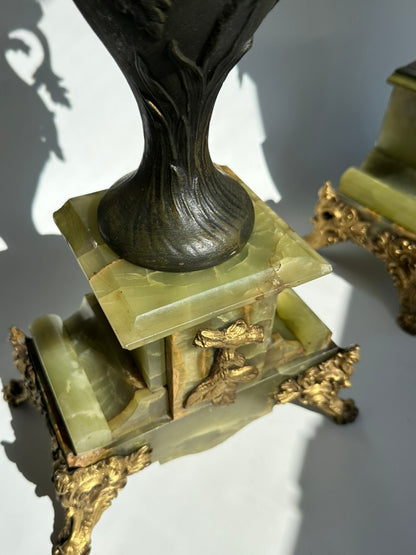 Pair of Antique French Neoclassical Spelter and Onyx Urns with Gilt Brass Accents