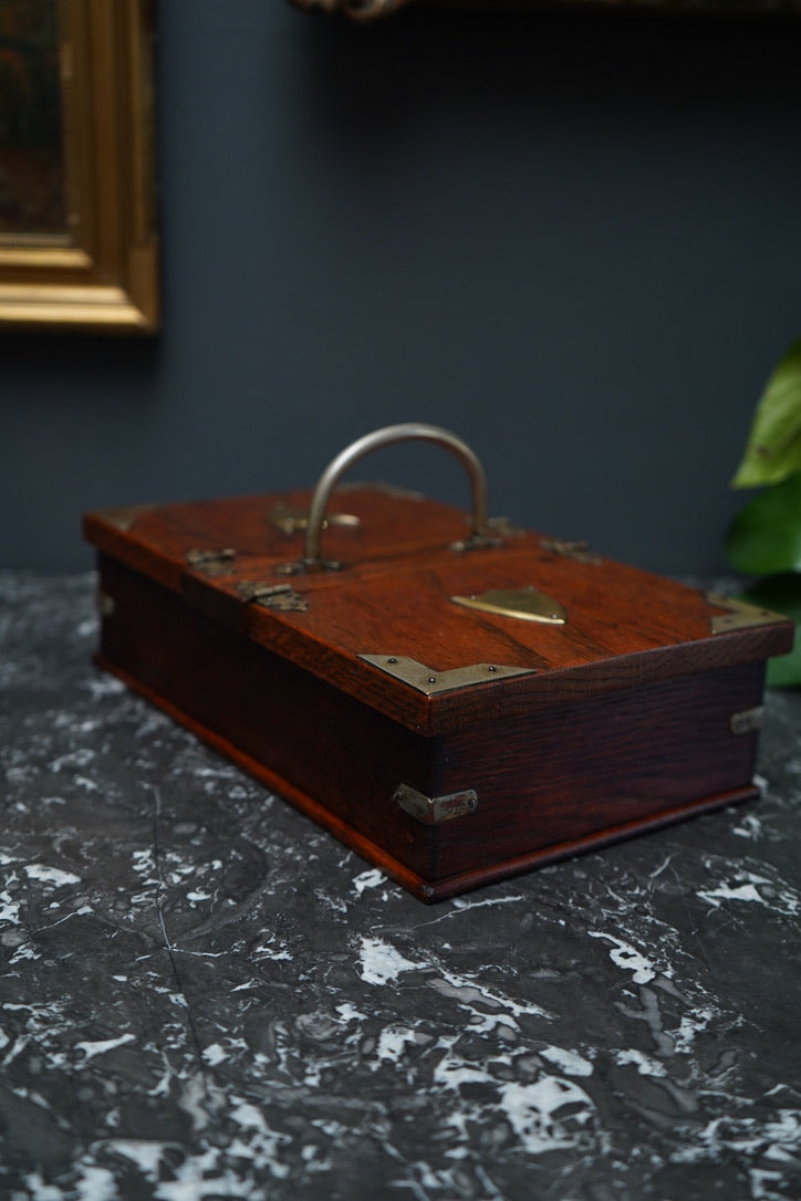 Antique Edwardian Oak & Silver-Plated Two-Compartment Stationery Box with Handle