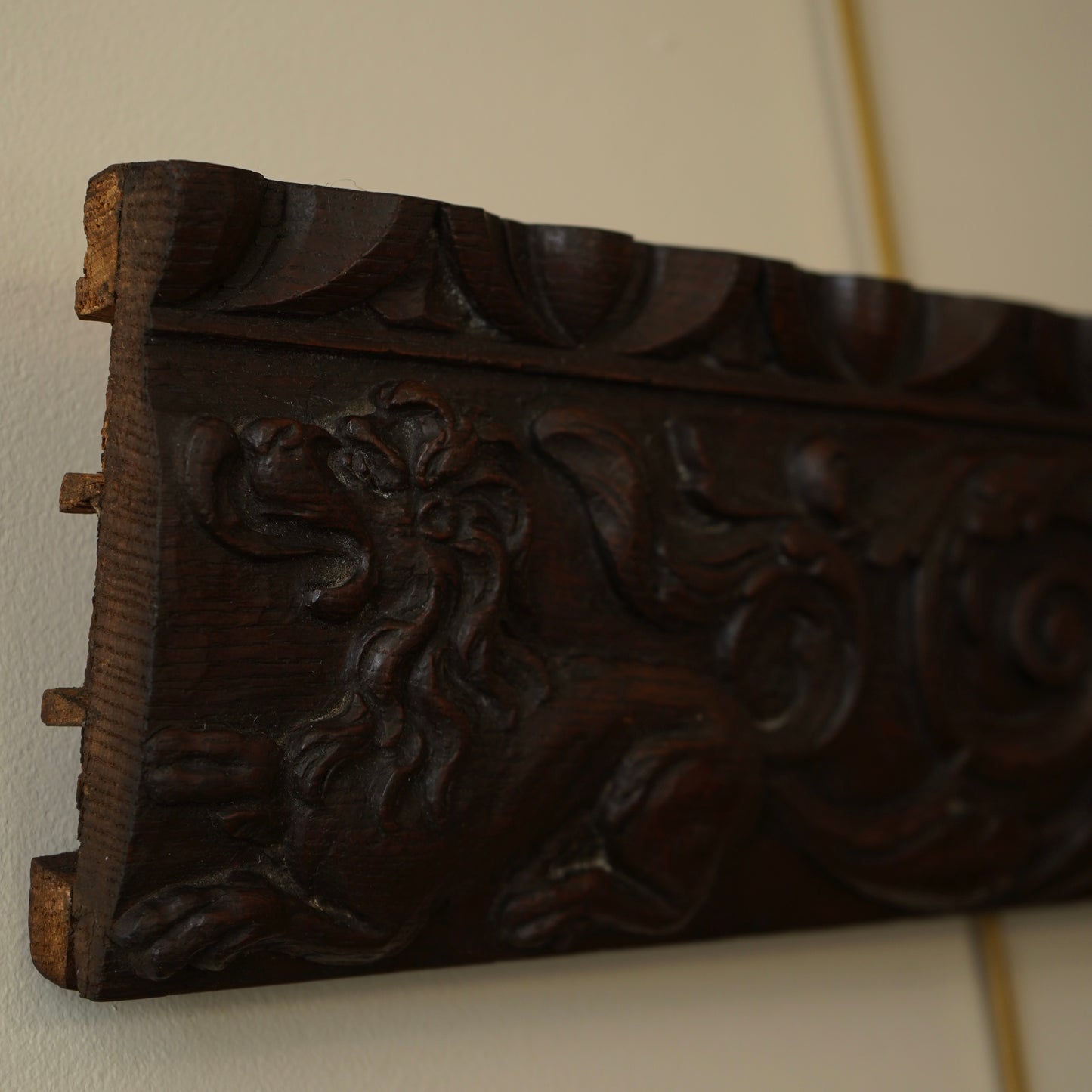 Antique Carved Oak Drawer Front | Renaissance Revival Lion, Grapevine & Acanthus | Architectural Salvage Wall Plaque c.1870–1900