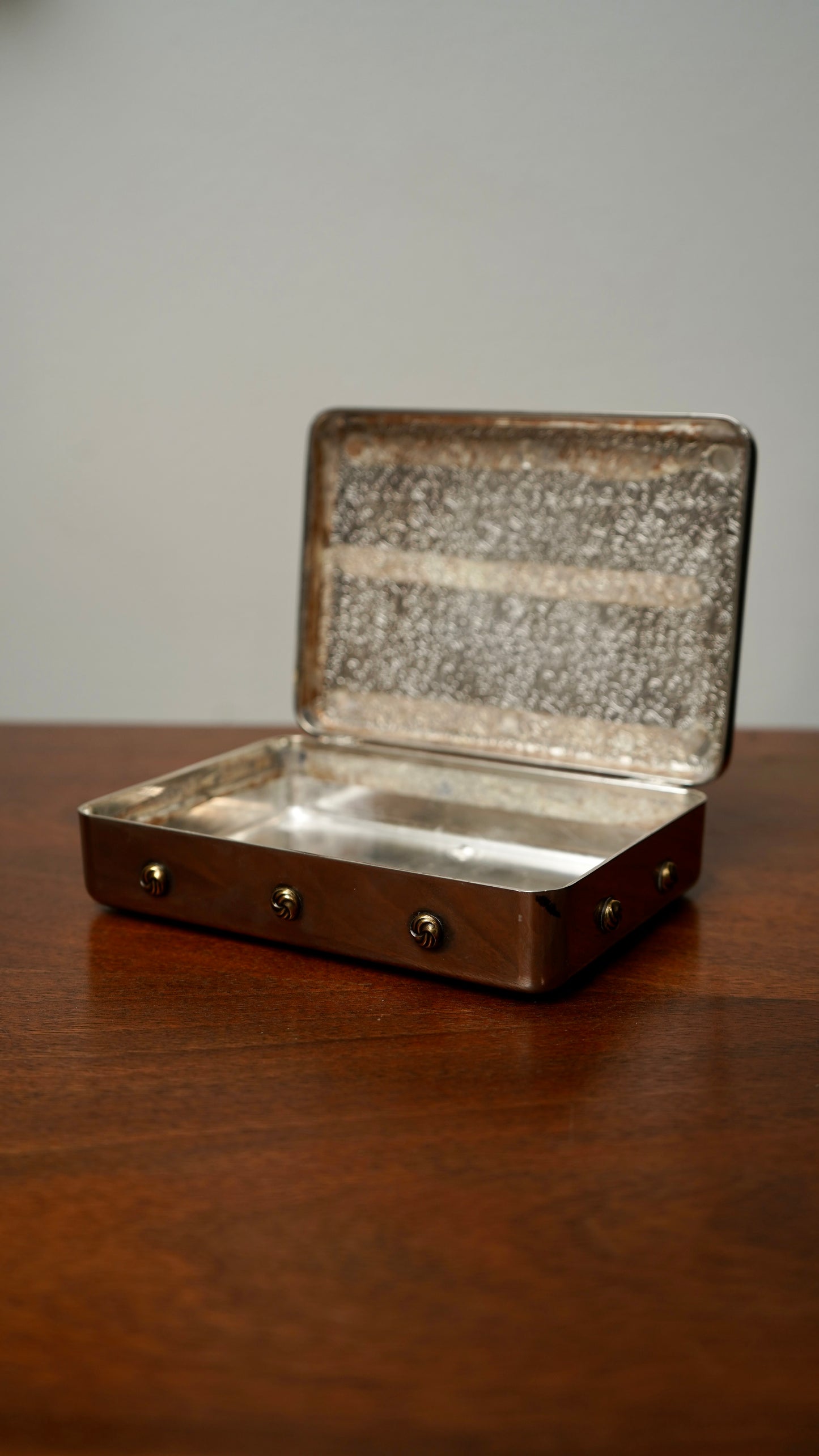 Vintage Silver-Plated Jewelry Box with Amethyst Glass Cabochon and Repoussé Medallion, Mid-20th Century
