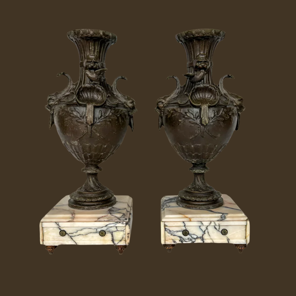 Pair of 19th Century French Napoleon III Style Spelter & Marble Urns