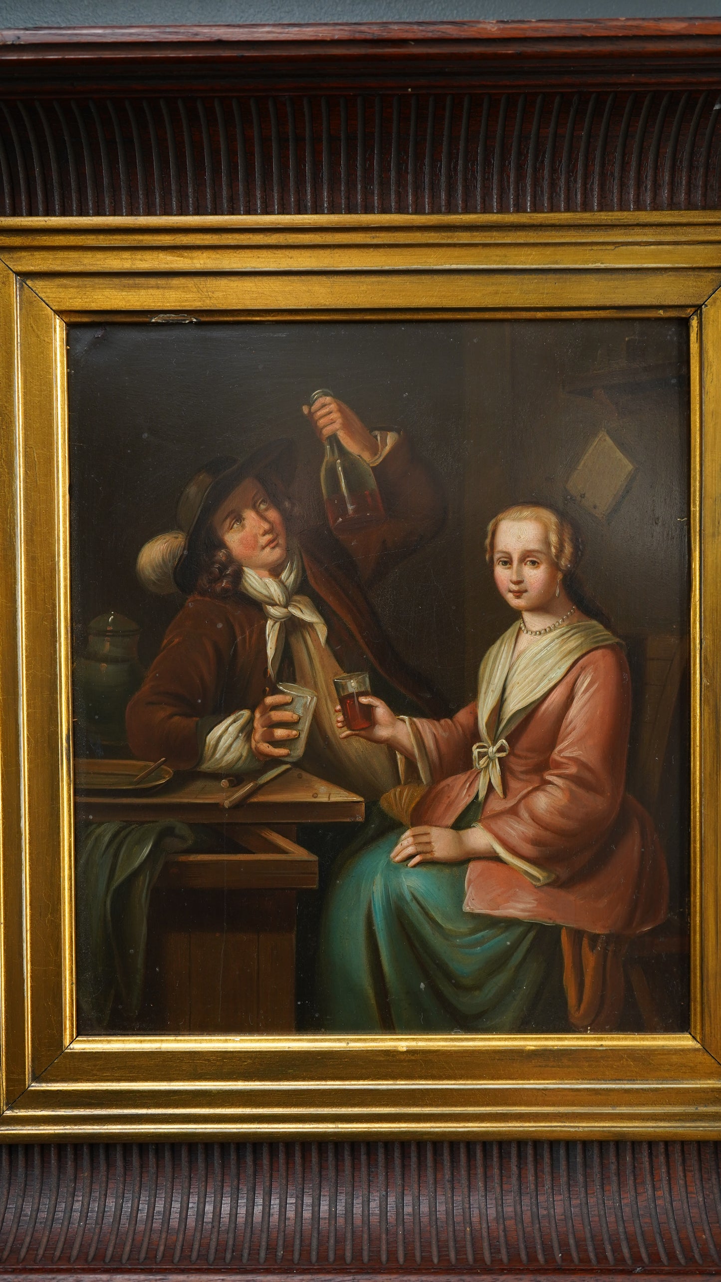 Antique Dutch Tavern Scene Oil Painting on Tin | 19th Century Genre Artwork in Ornate Frame