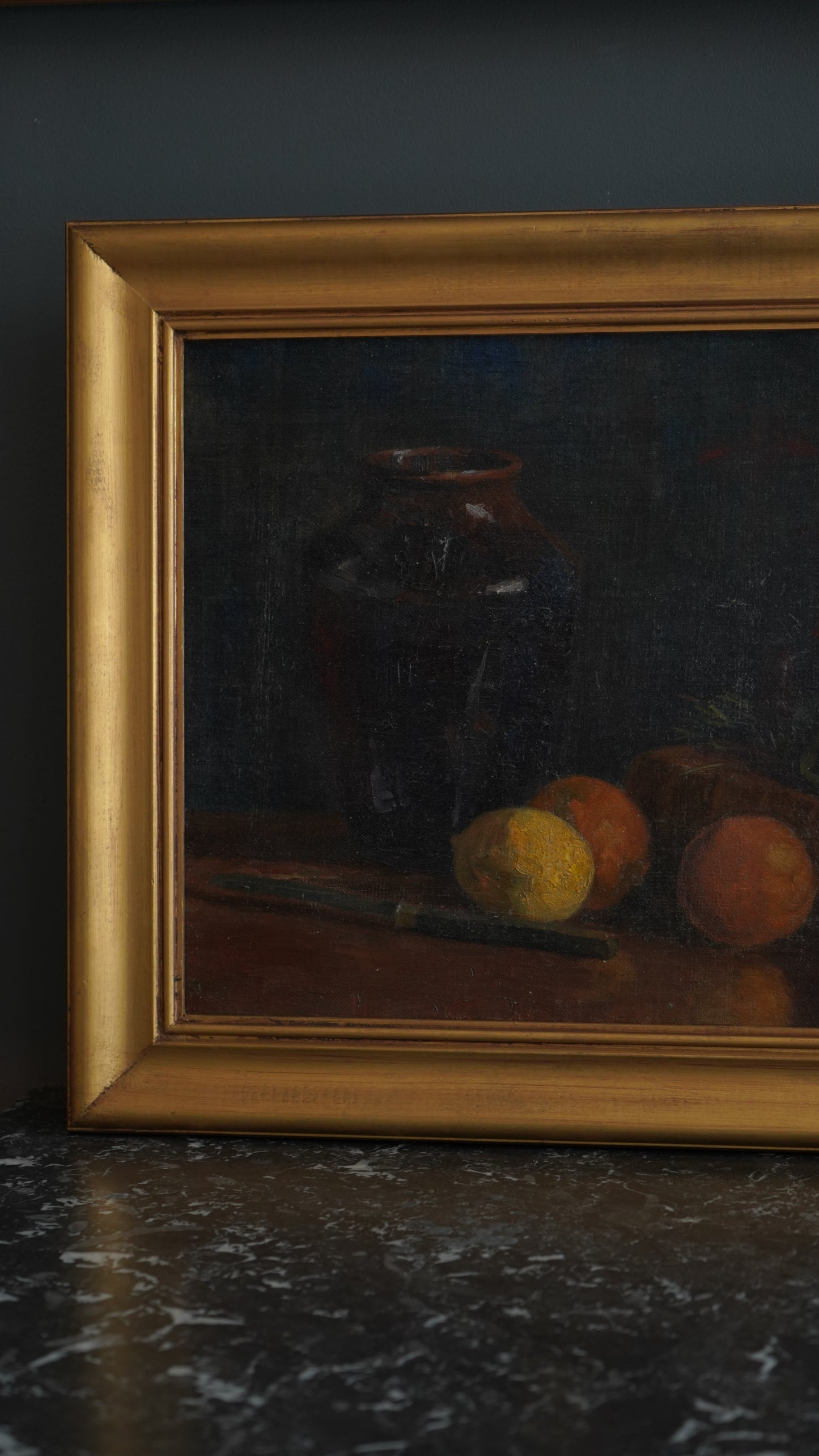 Antique 1905 Oil Painting Still Life with Fruit, Book & Earthenware Jar | Signed K.E.