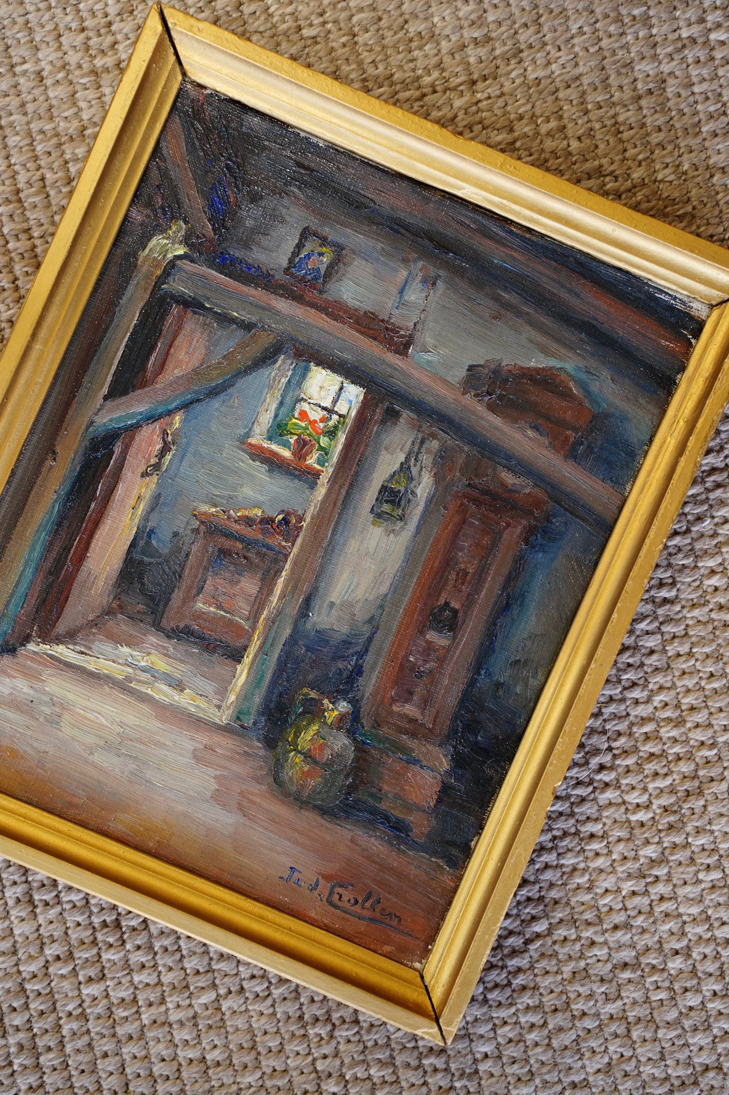 Vintage Flemish Interior Oil Painting, Cottage Doorway with Geranium