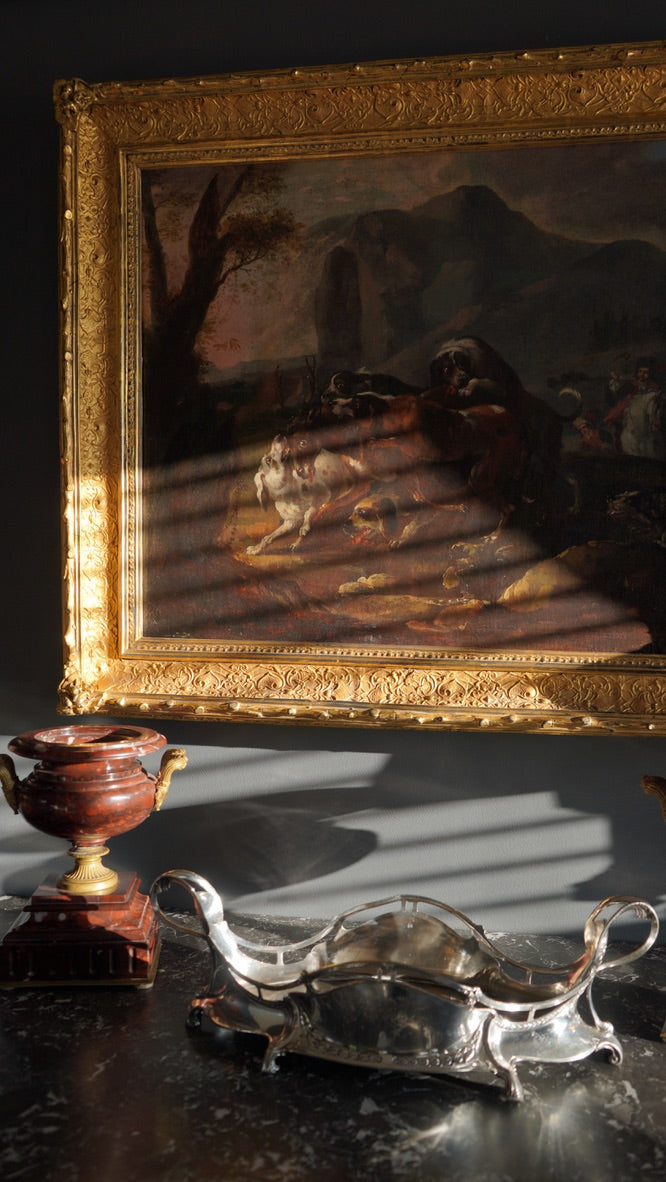 “Hounds Hunting Stag” – 18th Century French Oil Painting Attributed to the Fontainebleau Tradition