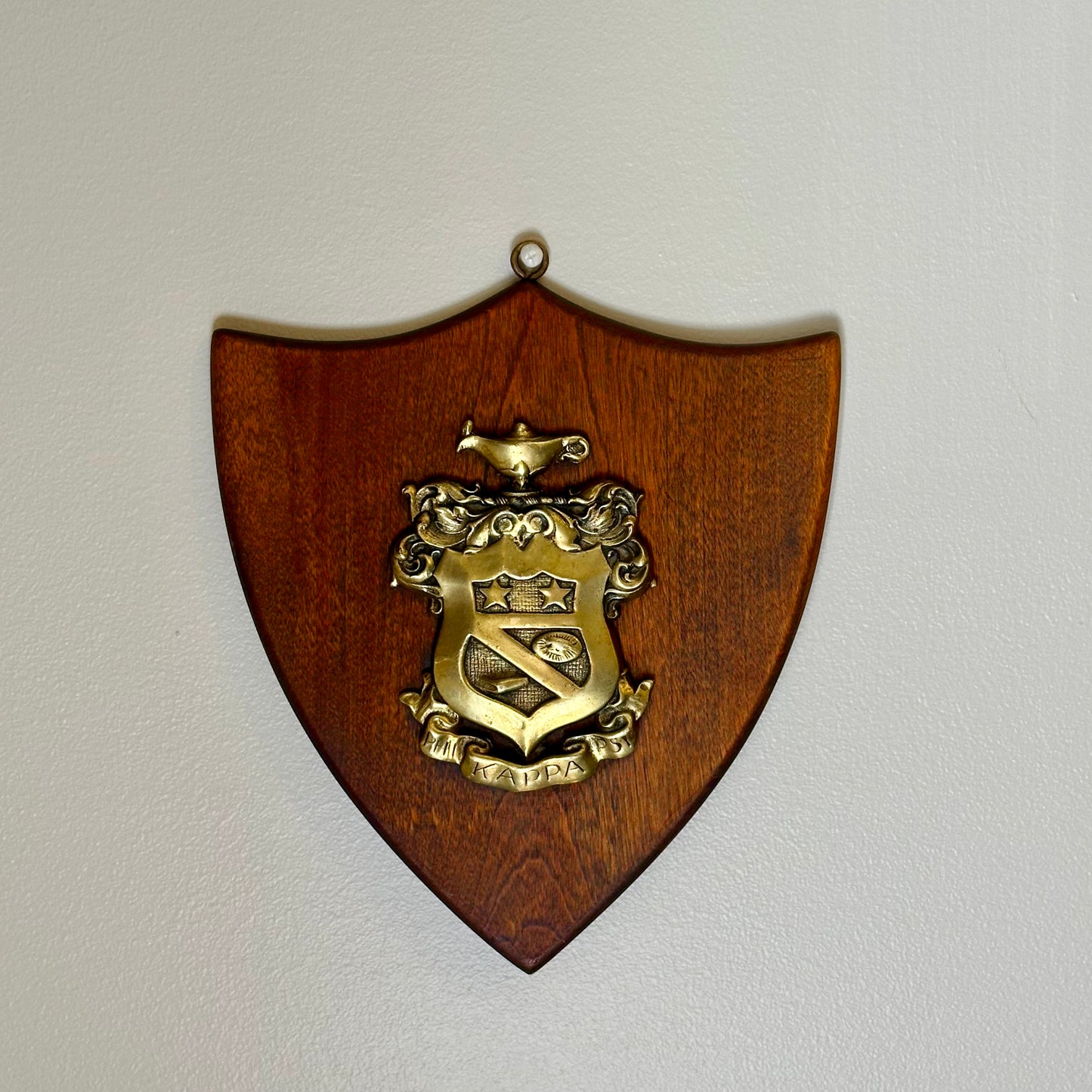 Vintage Kappa Psi Fraternity Brass Crest Plaque on Shield Backing