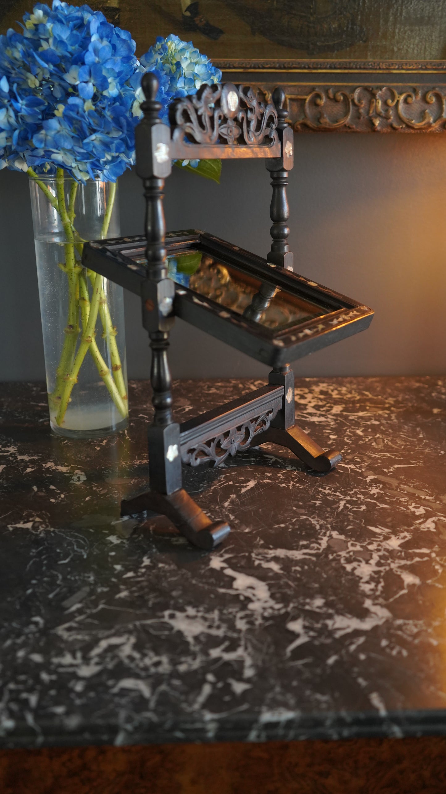 Antique Ebonized Wood & Mother-of-Pearl Vanity Tabletop Mirror