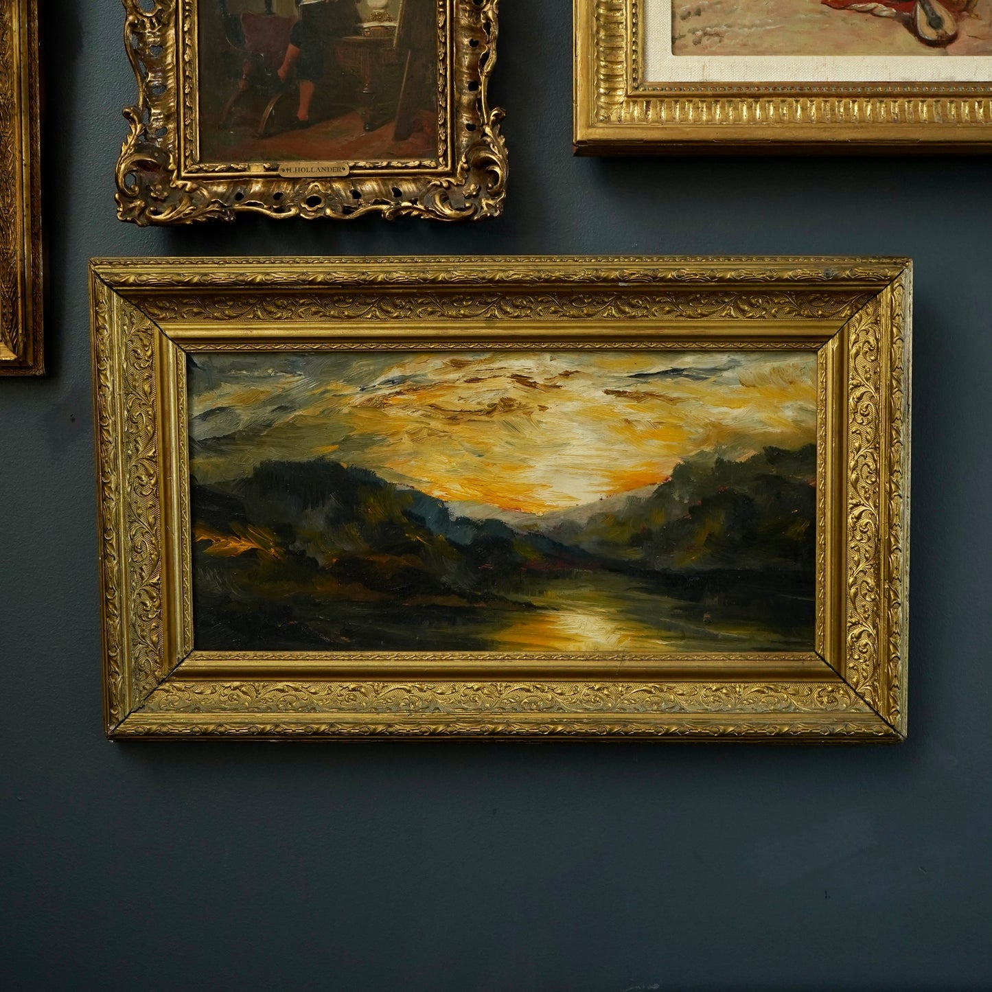 Early 20th Century Impressionist Oil Painting | Sunset Over River Valley in Gilt Frame