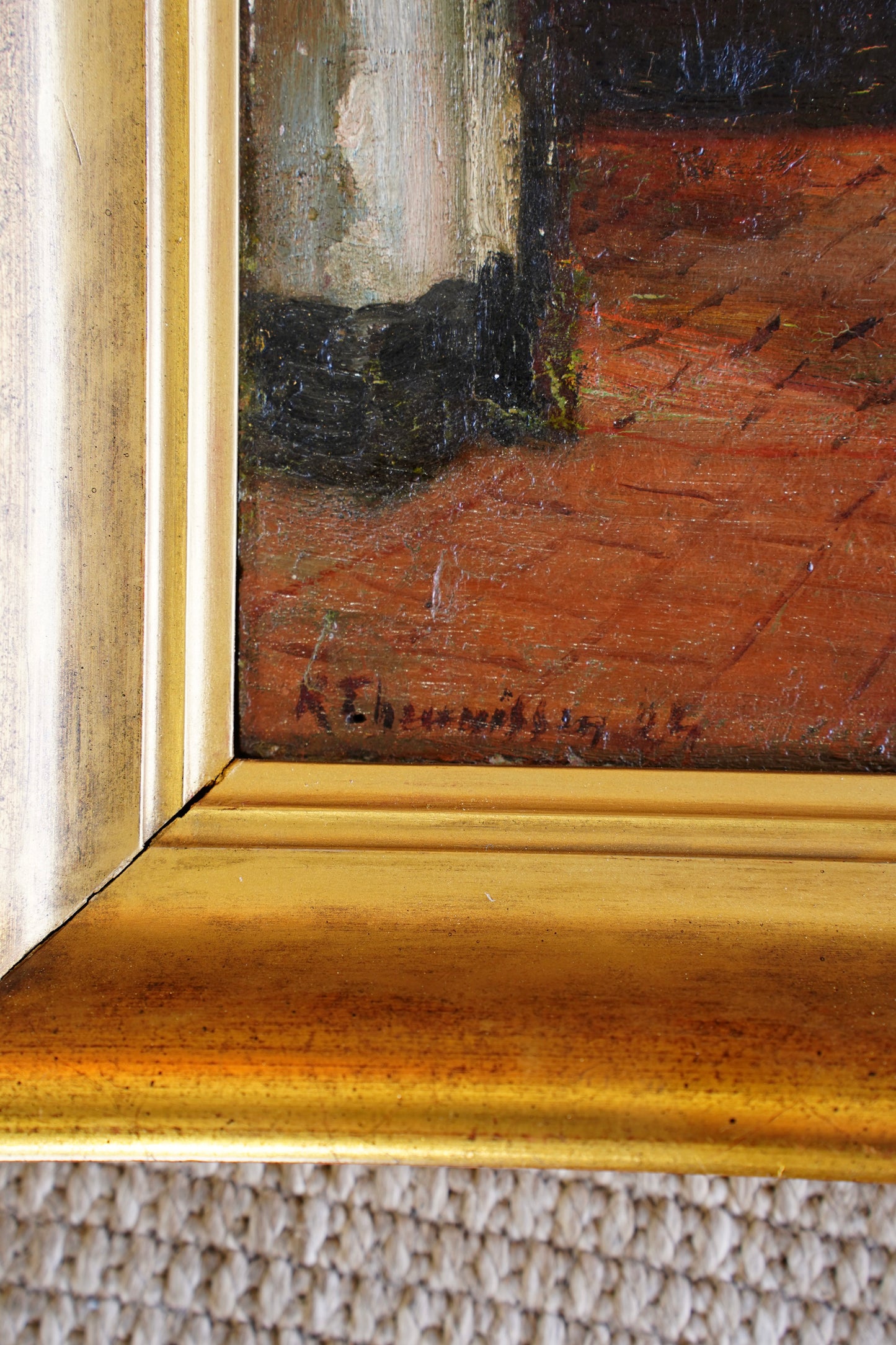 Antique Belgian Interior Oil Painting, Signed
