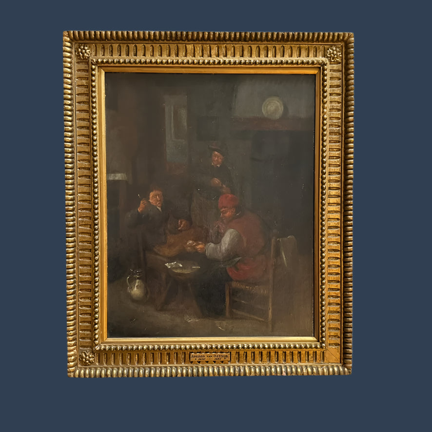 After Adriaen van Ostade (1610–1685) "By the Hearth" Oil on Board Painting