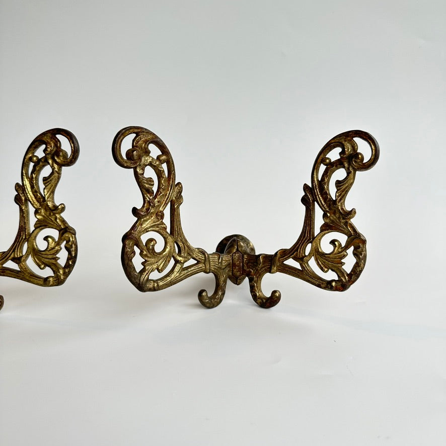 Large Antique Late-Victorian Cast-Brass Filigree Double Wall Hooks (Pair)