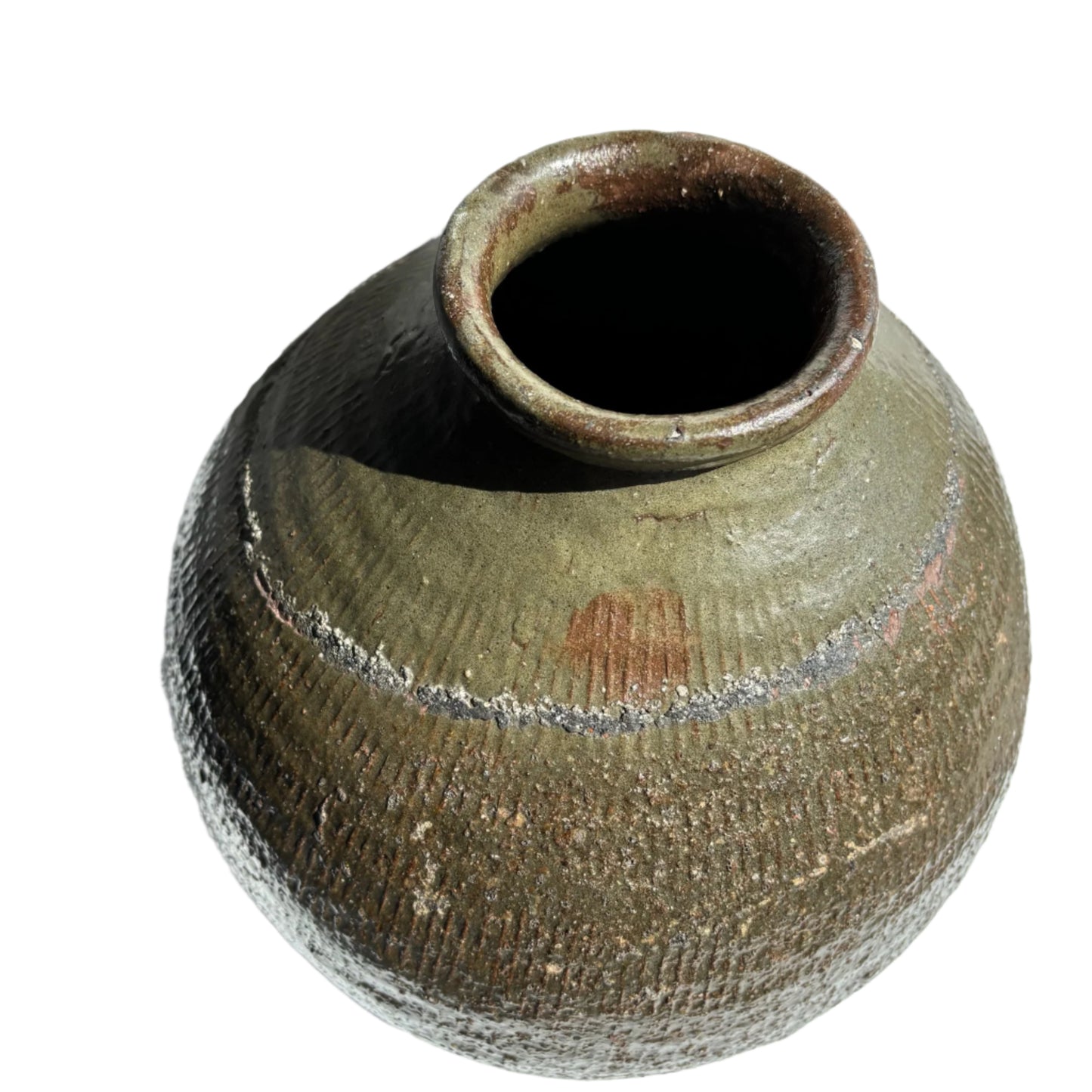 Vintage Chinese Stoneware Oil Jar with Ash Glaze, Rustic Pottery Vessel, 14.25 Inches