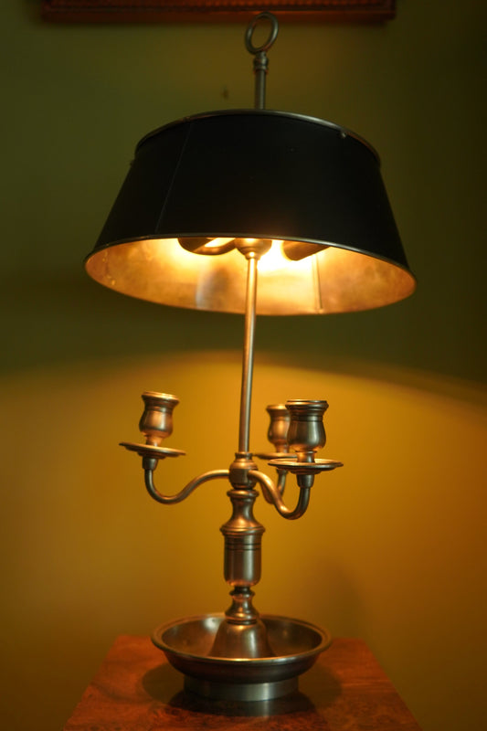 Bouillotte-Style Pewter Lamp with Adjustable Metal Shade & Dual Light Settings
