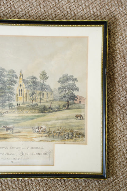 Antique Victorian Lithograph St. Martin's Church East Ravendale Lincolnshire, 1857