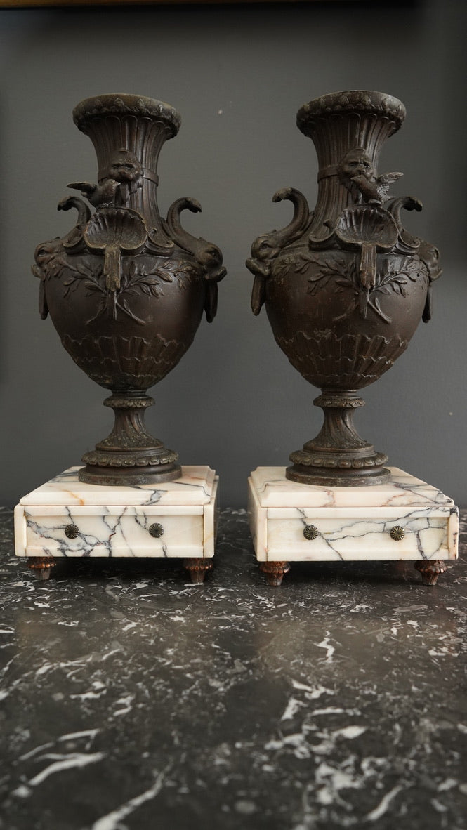 Pair of 19th Century French Napoleon III Style Spelter & Marble Urns