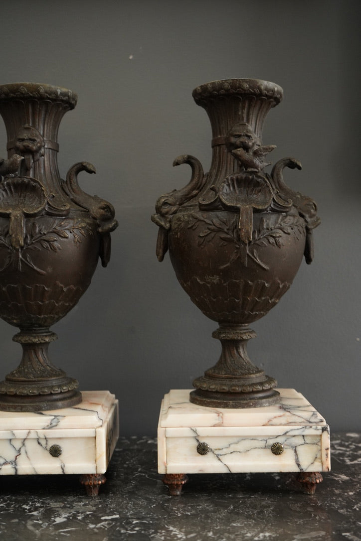 Pair of 19th Century French Napoleon III Style Spelter & Marble Urns