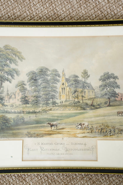 Antique Victorian Lithograph St. Martin's Church East Ravendale Lincolnshire, 1857