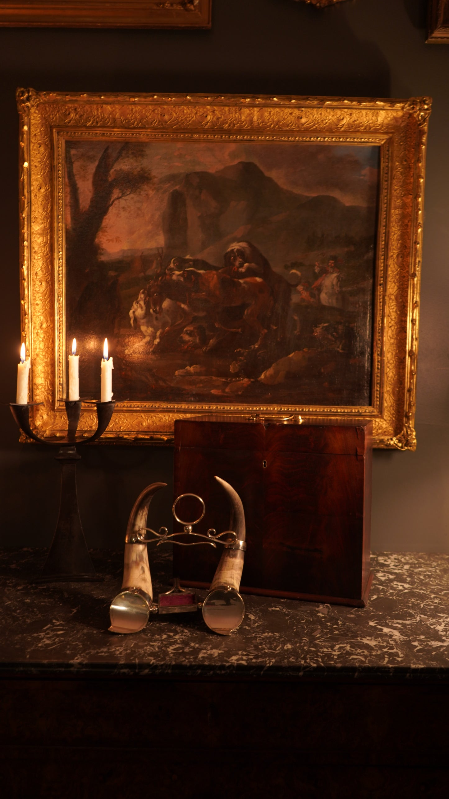 “Hounds Hunting Stag” – 18th Century French Oil Painting Attributed to the Fontainebleau Tradition