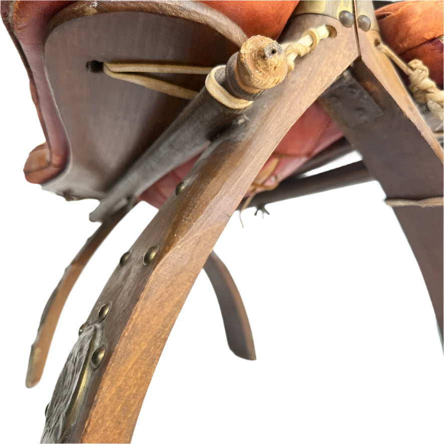 Vintage Middle Eastern Camel Saddle Stool with Embossed Leather Cushion & Brass Accents (c. 1950s)