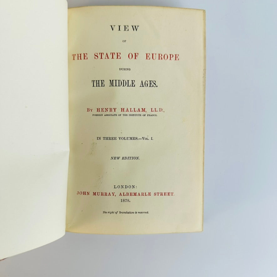 3 Vols, 1878 "View of the State of Europe During the Middle Ages" Half Leather Books