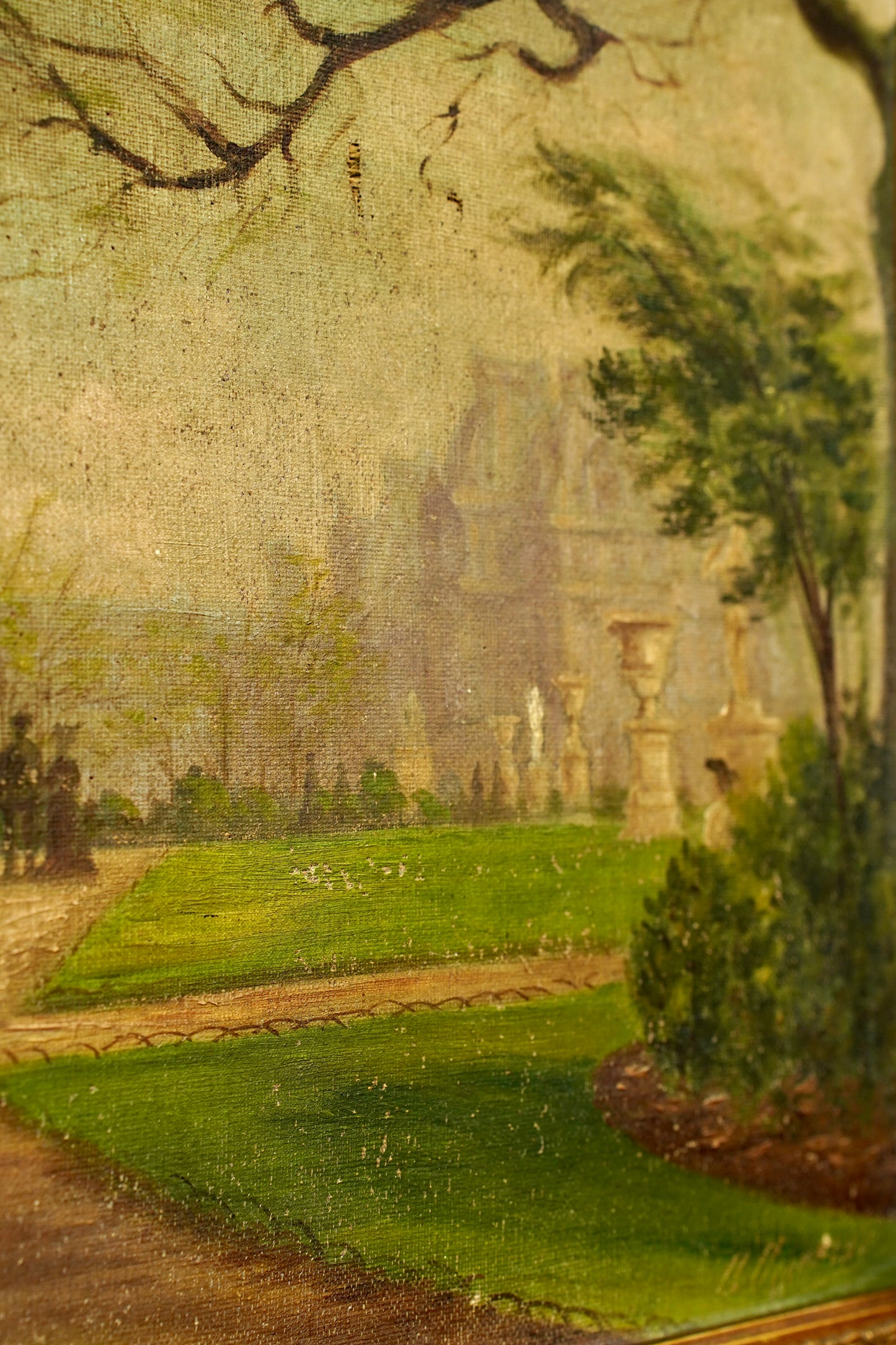 Antique Oil Painting Brussels Park Garden Scene