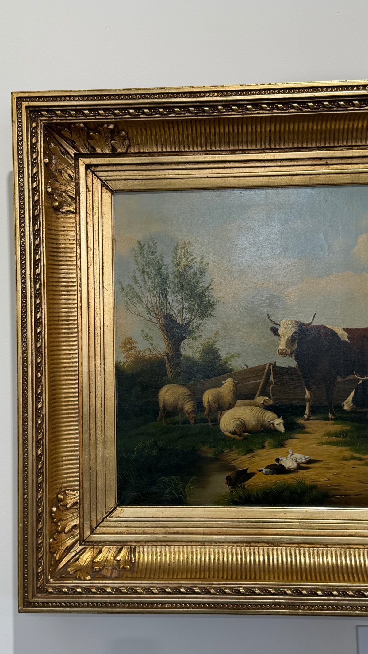 Antique Signed Dutch Oil Painting of Cows and Sheep in Meadow