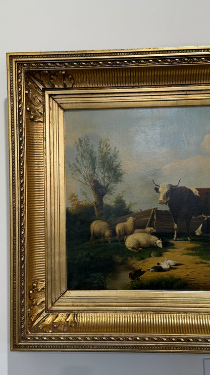 Antique Signed Dutch Oil Painting of Cows and Sheep in Meadow