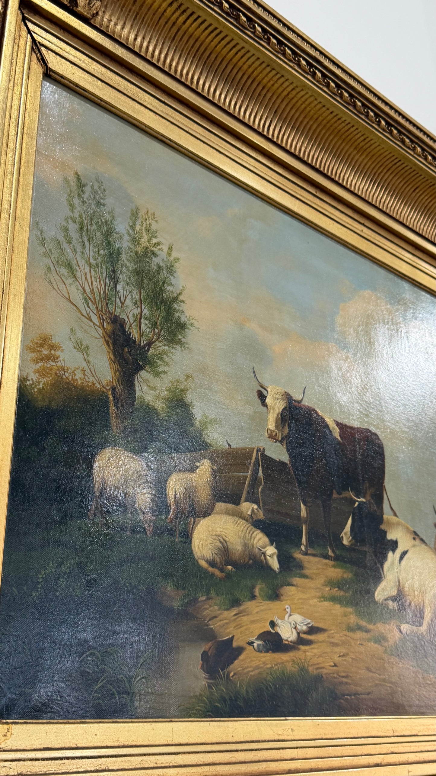 Antique Signed Dutch Oil Painting of Cows and Sheep in Meadow