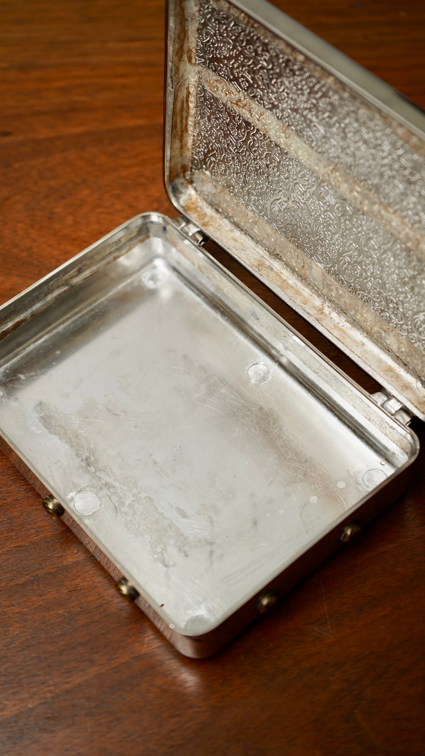 Vintage Silver-Plated Jewelry Box with Amethyst Glass Cabochon and Repoussé Medallion, Mid-20th Century
