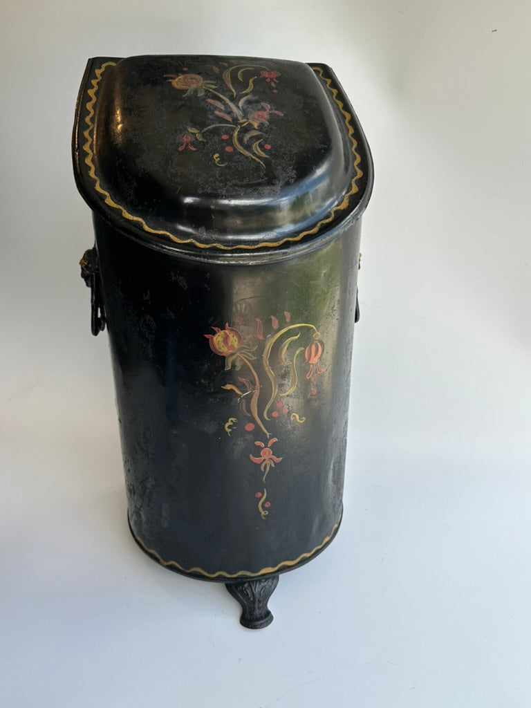 Antique European Hand‑Painted Tole Coal Scuttle | Victorian Fireplace Bucket, c.1880