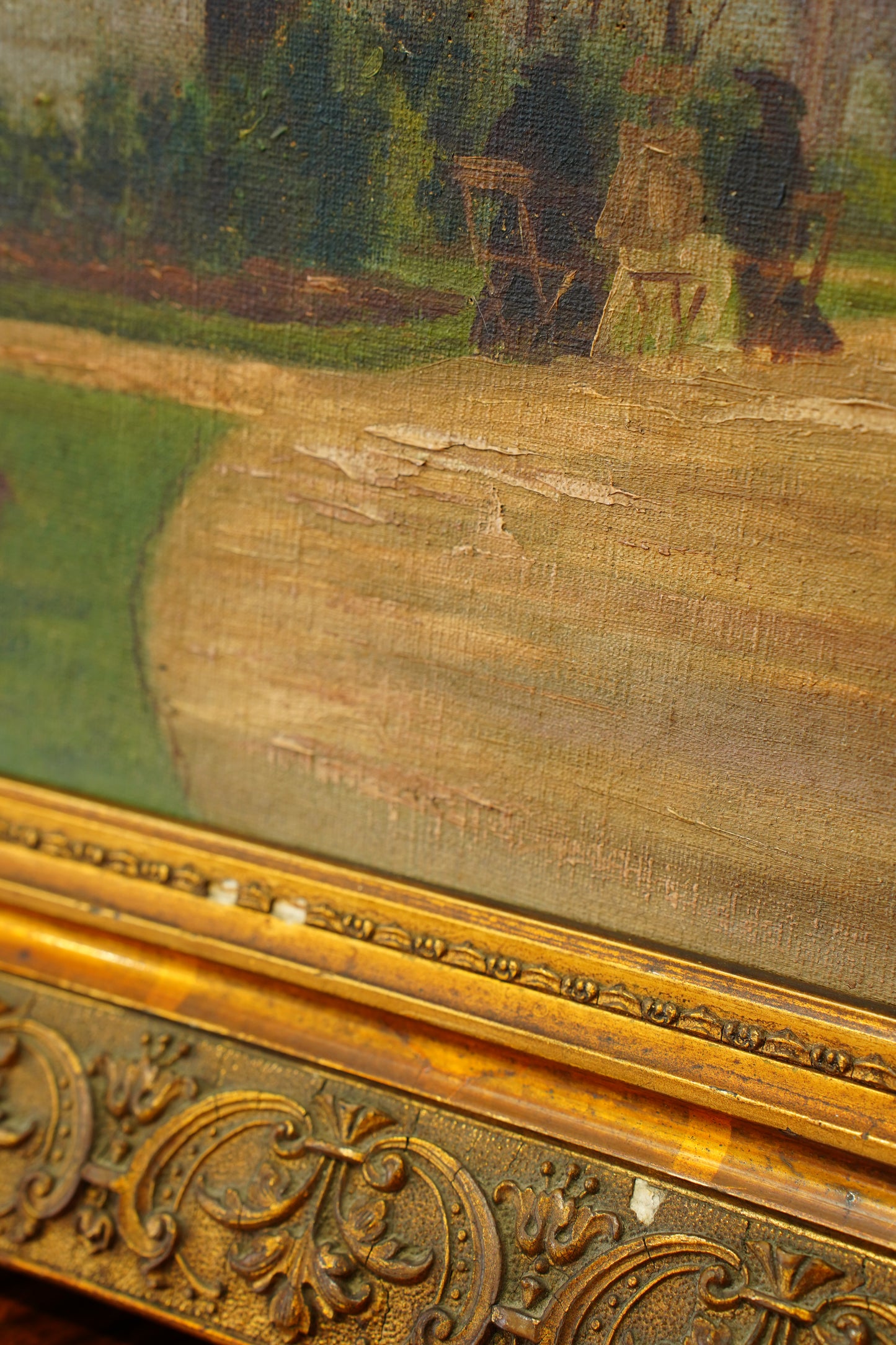 Antique Oil Painting Brussels Park Garden Scene