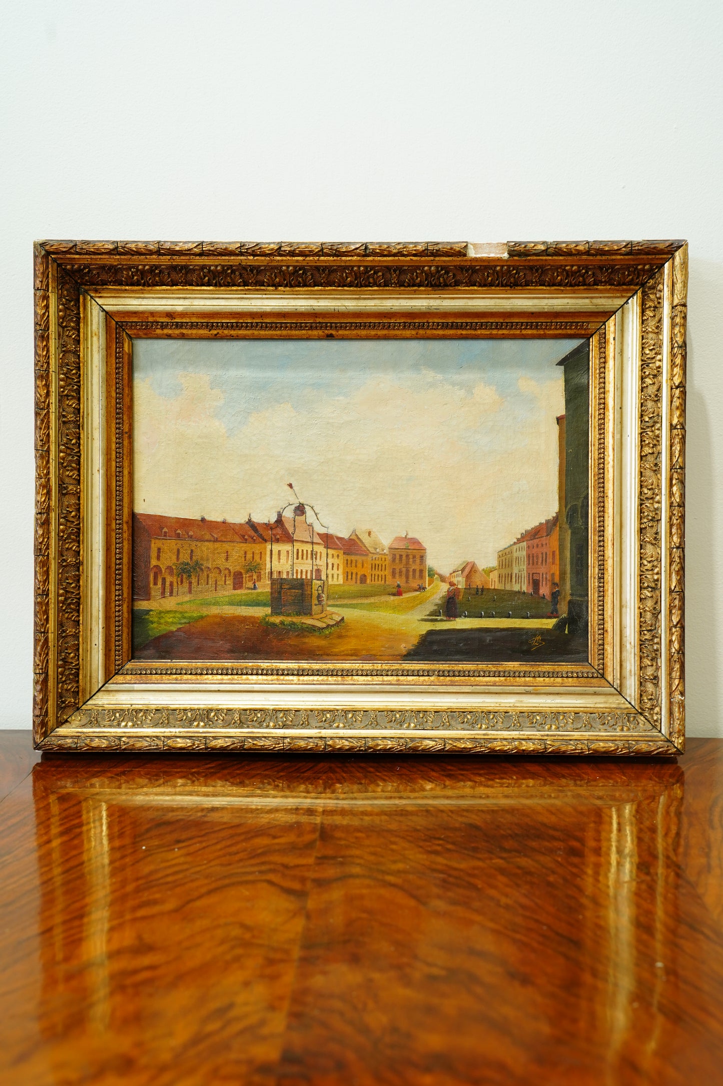 Antique Oil Painting of a European Town Square
