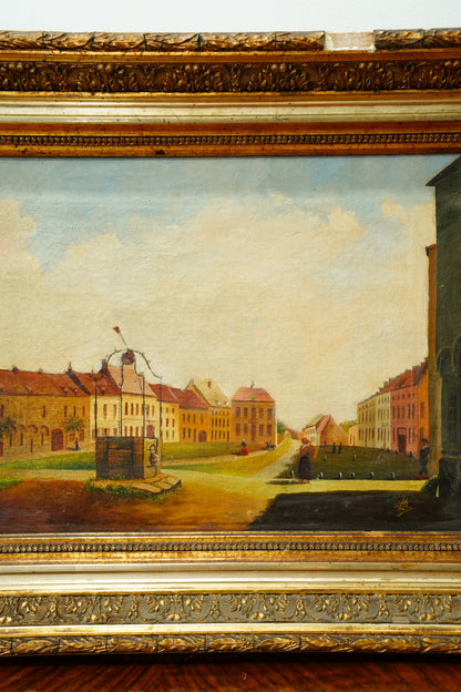 Antique Oil Painting of a European Town Square
