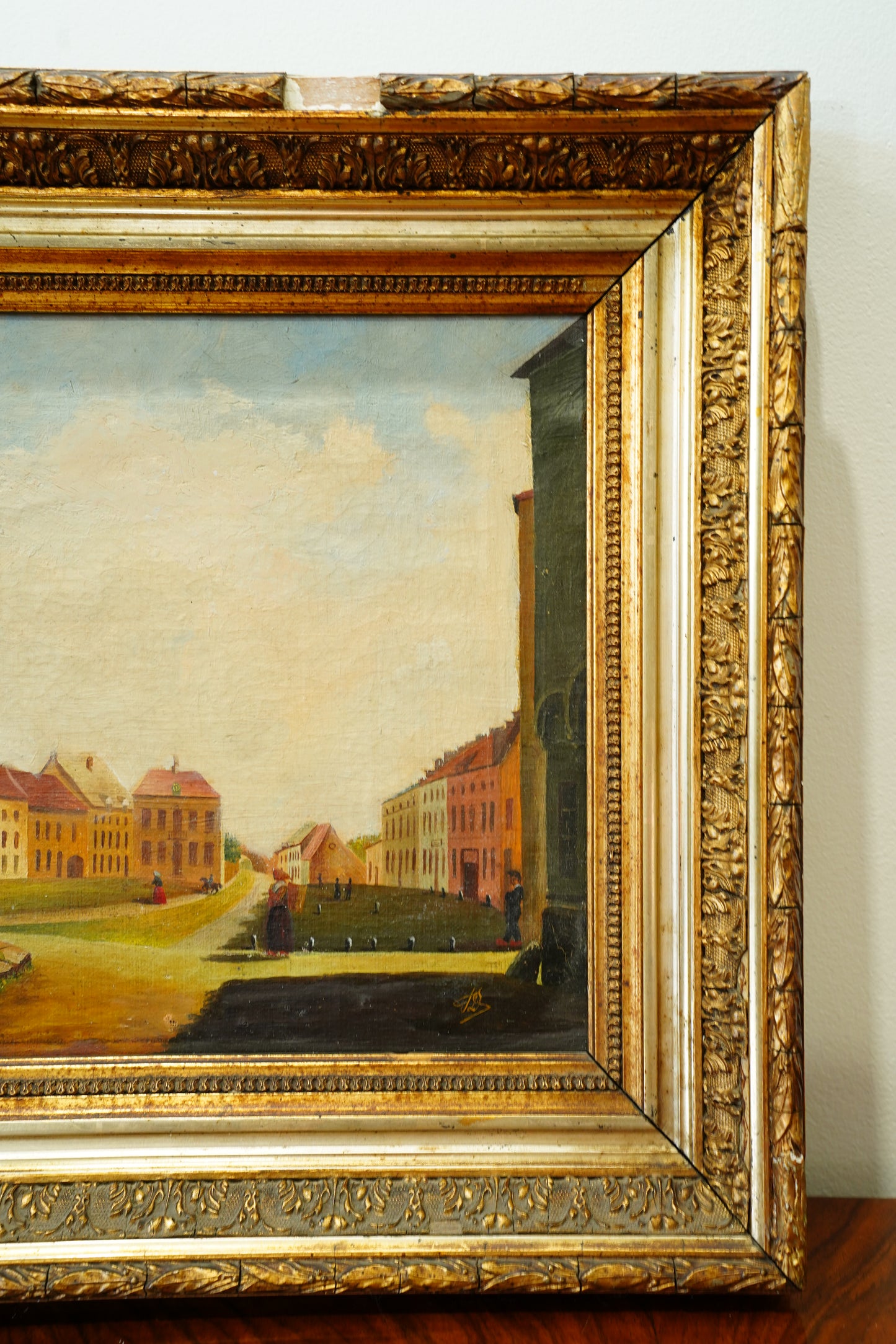 Antique Oil Painting of a European Town Square
