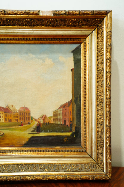 Antique Oil Painting of a European Town Square