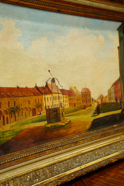 Antique Oil Painting of a European Town Square