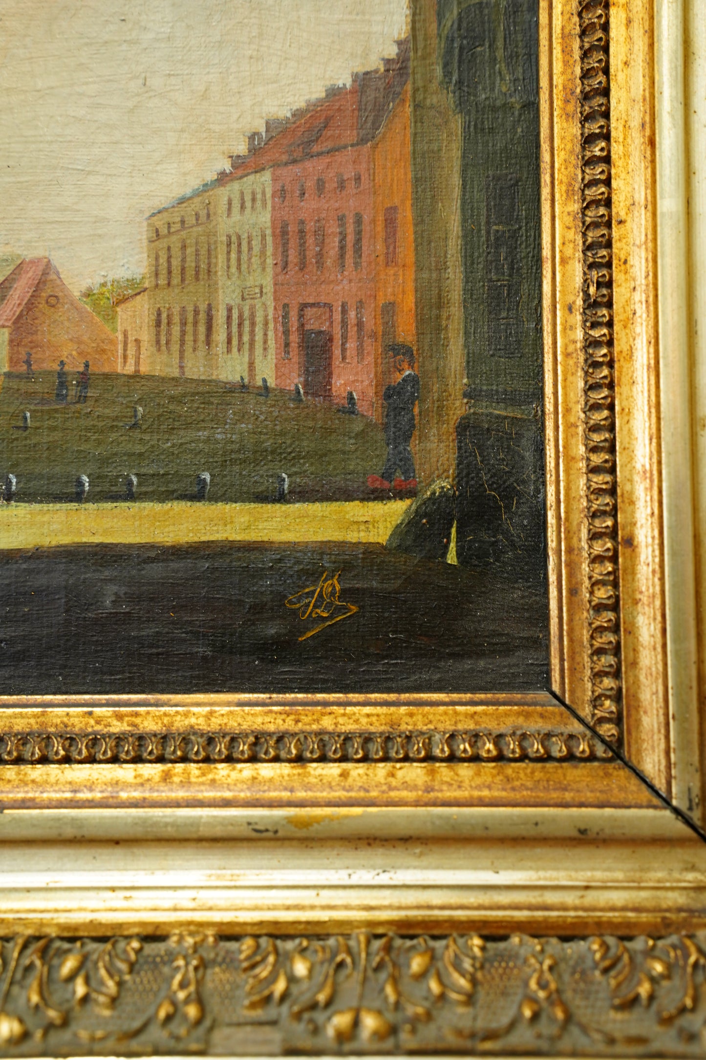 Antique Oil Painting of a European Town Square