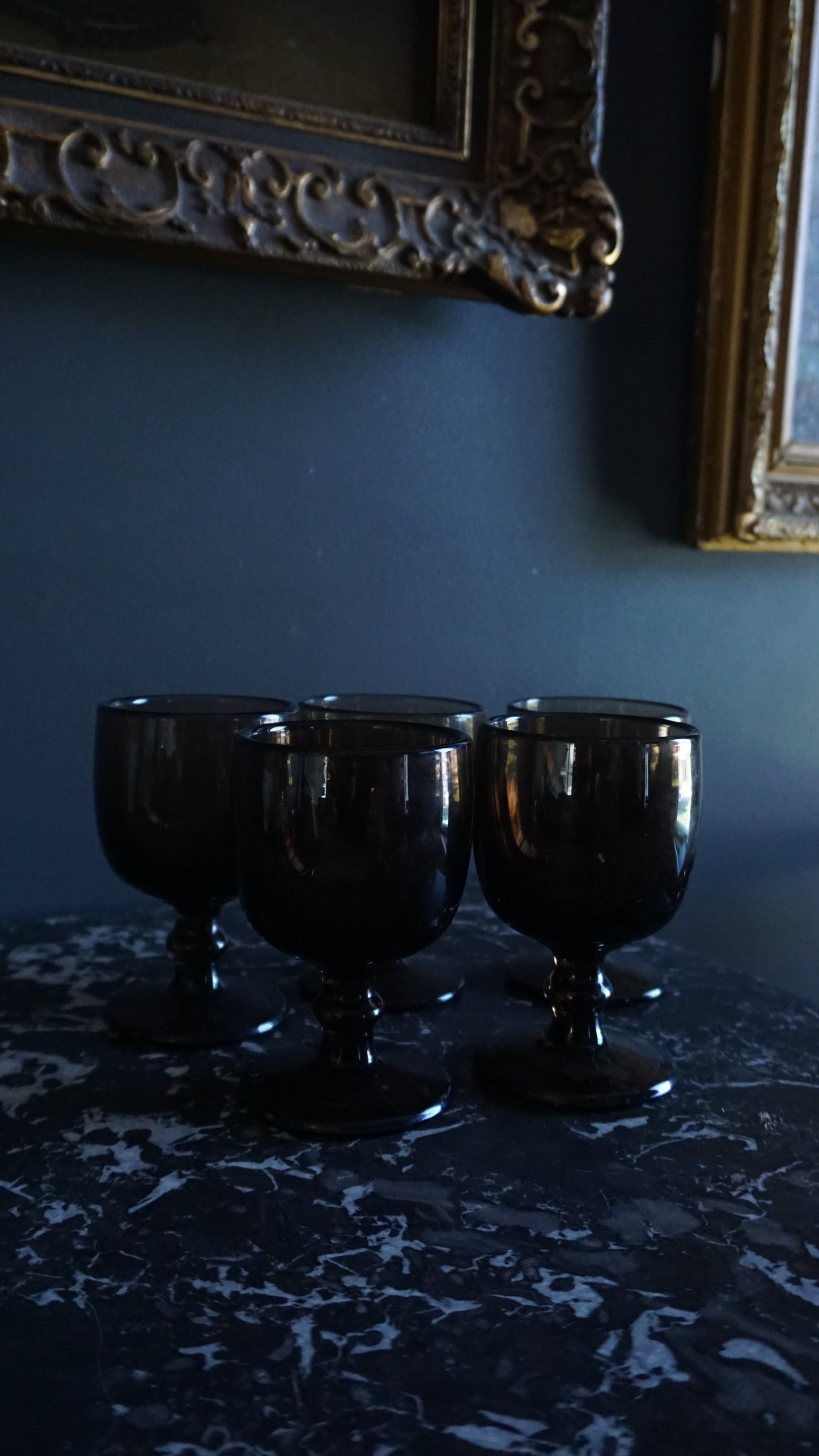 Set of 5 Vintage Mid-Century Smoke Glass Cordial Goblets | Hoffman Style Barware, 1960s–1970s