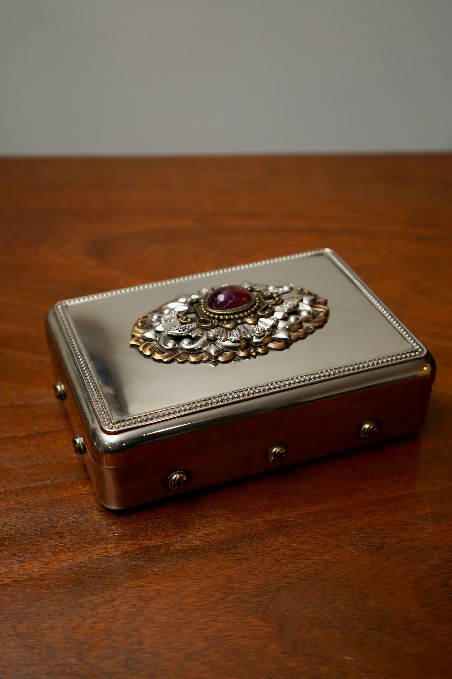Vintage Silver-Plated Jewelry Box with Amethyst Glass Cabochon and Repoussé Medallion, Mid-20th Century