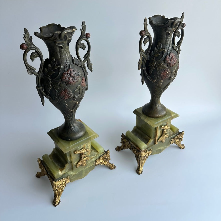 Pair of Antique French Neoclassical Spelter and Onyx Urns with Gilt Brass Accents